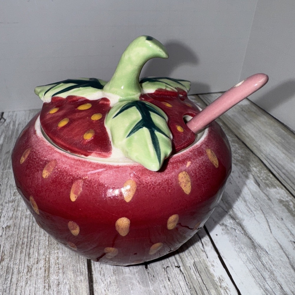 Vintage Strawberry Jelly Jam Jar Sugar Bowl W/lid Pottery Ceramic Cottage Core